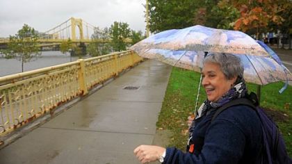 Ruth Kramer on a geocaching trek through Pittsburgh. A New York City-based stage manager for the Pittsburgh Public Theater, she lives in Pittsburgh several months a year.