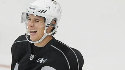 Penguins Captain Sidney Crosby skates during the first day of training camp at the Consol Energy Center today. He has been cleared to practice with the Penguins in camp, however he will not take part in contact or scrimmages.