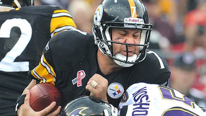 Steelers quarterback Ben Roethlisberger is sacked by the Ravens Jarret Johnson in the first half.