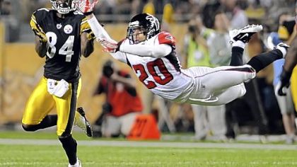 Atlanta defender Brent Grimes can't quite reach this pass for Antonio Brown == one of four catches for Brown Saturday night.