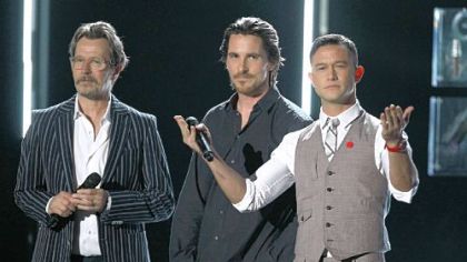 Gary Oldman, left, Christian Bale and Joseph Gordon-Levitt talk up "The Dark Knight Rises" during the 2012 MTV Movie Awards.