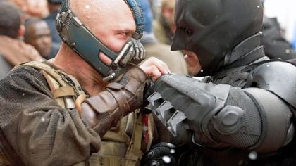 As Bane, Tom Hardy goes head to head with Christian Bale's Batman in "The Dark Knight Rises." Filmmakers staged a battle for the movie in Oakland last summer.